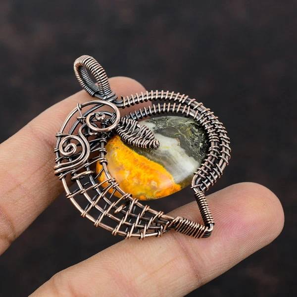 Bumble Bee Jasper Oval Yellow Handmade Copper Wire Wrapped Pendant