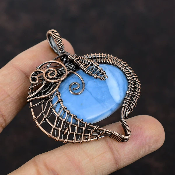 Owyhee Blue Opal Oval Blue Handmade Copper Wire Wrapped Pendant