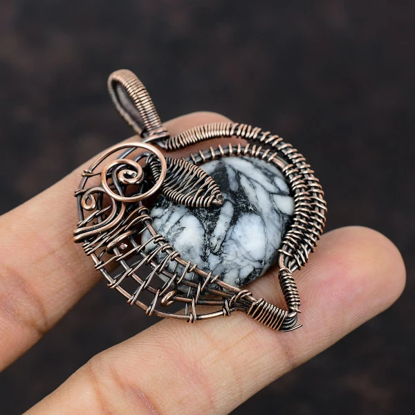 Pinolith Jasper Oval Black Handmade Copper Wire Wrapped Pendant