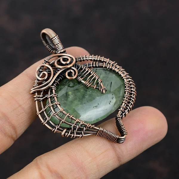 Moss Prehnite Oval Green Handmade Copper Wire Wrapped Pendant