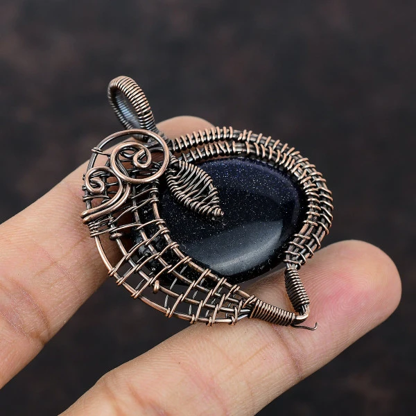 Blue Sunstone Oval Blue Handmade Copper Wire Wrapped Pendant