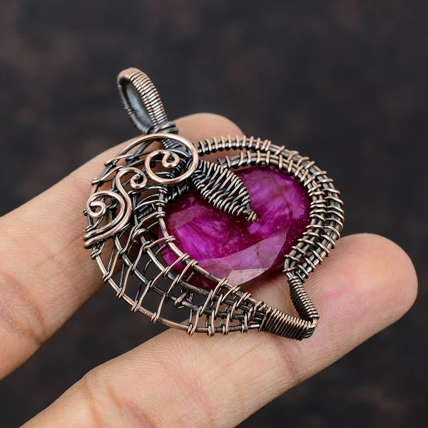 Kashmir Ruby Oval Pink Handmade Copper Wire Wrapped Pendant