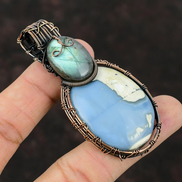 Owyhee Blue Opal Oval Blue Handmade Copper Wire Wrapped Pendant