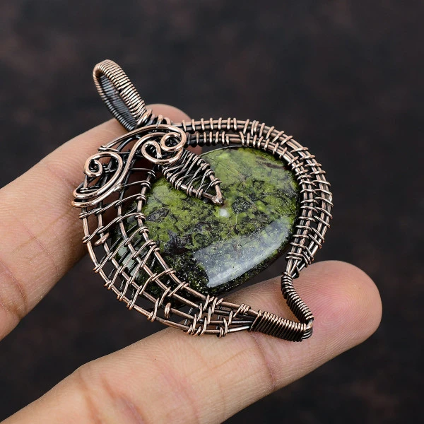 Dragon Bloodstone Oval Green Handmade Copper Wire Wrapped Pendant