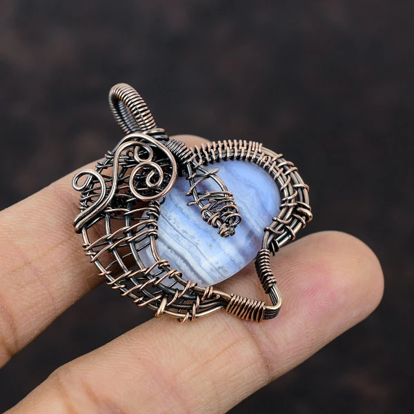 Blue Lace Agate Oval Blue Handmade Copper Wire Wrapped Pendant