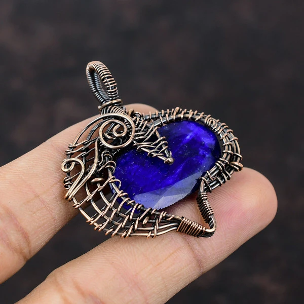 Blue Sapphire Oval Blue Handmade Copper Wire Wrapped Pendant