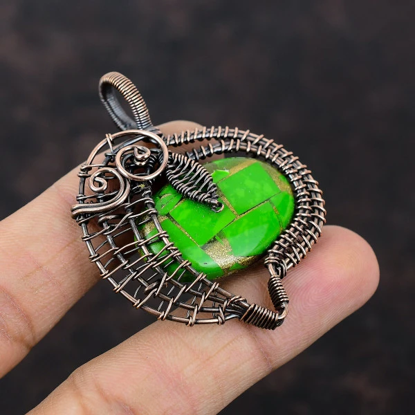 Copper Green Turquoise Oval Green Handmade Copper Wire Wrapped Pendant