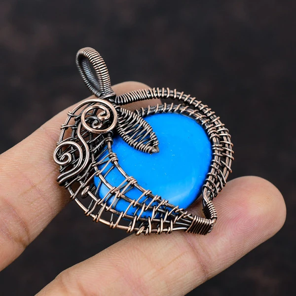 Sleeping Beauty Turquoise Oval Blue Handmade Copper Wire Wrapped Pendant