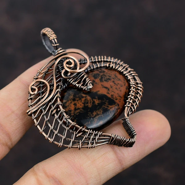 Mahogany Obsidian Oval Brown Handmade Copper Wire Wrapped Pendant