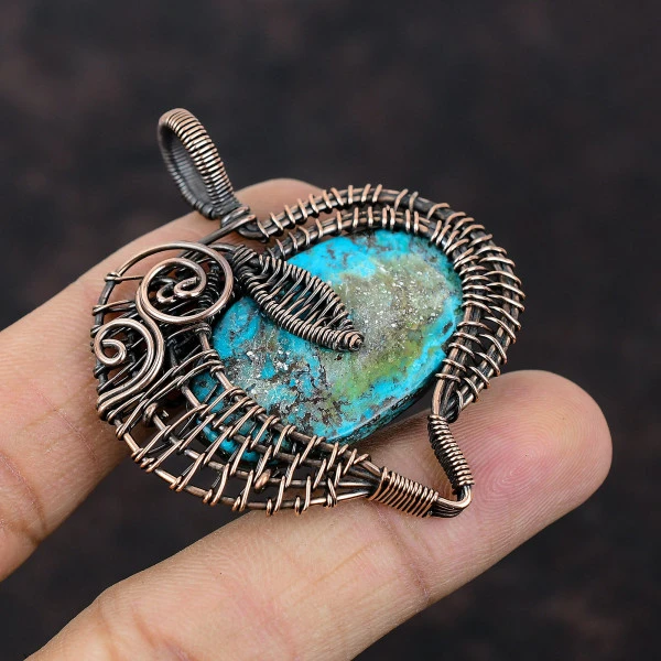 Azurite Oval Blue Handmade Copper Wire Wrapped Pendant