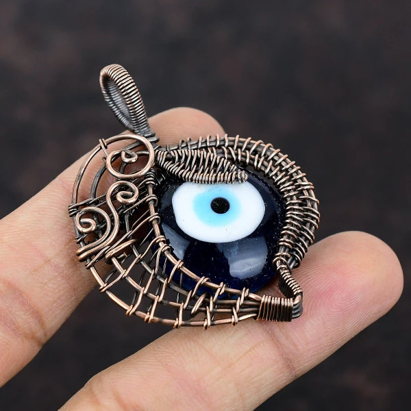 Blue Color Evil Eye Round Blue Handmade Copper Wire Wrapped Pendant