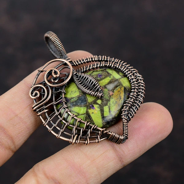 Copper Stichtite Oval Green Handmade Copper Wire Wrapped Pendant