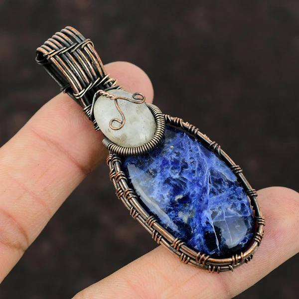 Sodalite Oval Blue Handmade Copper Wire Wrapped Pendant