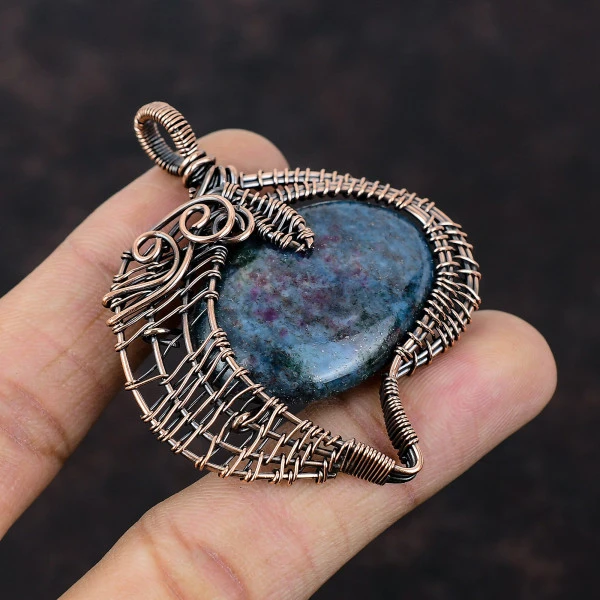 Ruby In Blue Kyanite Oval Blue Handmade Copper Wire Wrapped Pendant