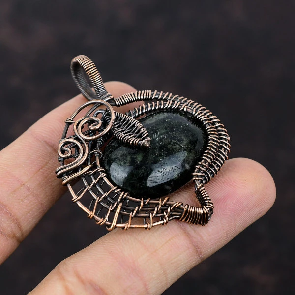Kambaba Jasper Oval Green Handmade Copper Wire Wrapped Pendant