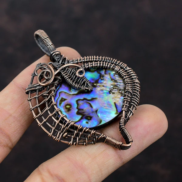 Abalone Shell Oval Blue Handmade Copper Wire Wrapped Pendant