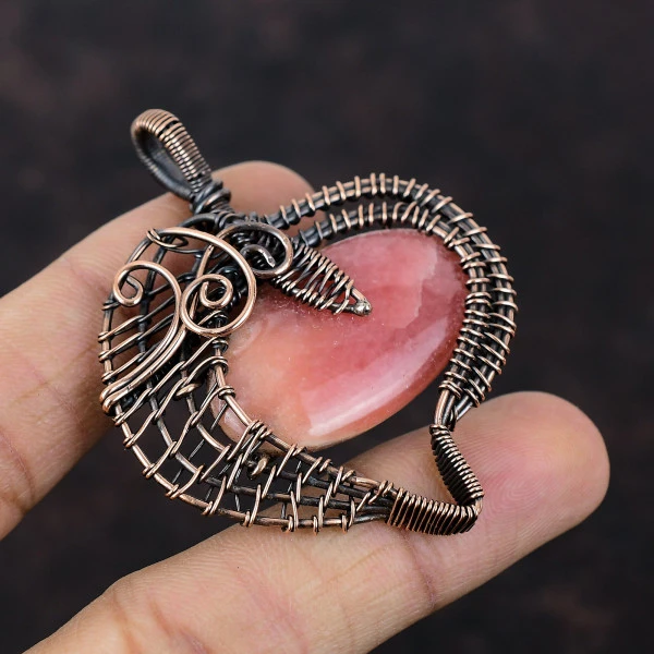 Rhodochrosite Oval Pink Handmade Copper Wire Wrapped Pendant