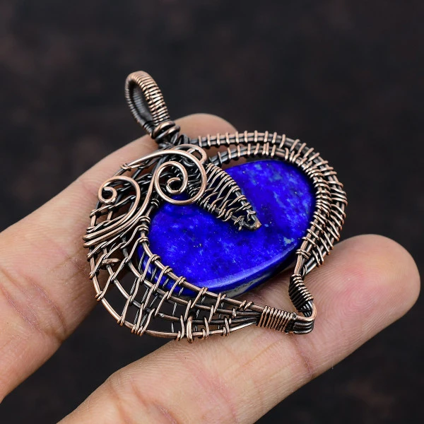 Lapis Lazuli Oval Blue Handmade Copper Wire Wrapped Pendant