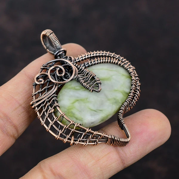 Green Aragonite Oval Green Handmade Copper Wire Wrapped Pendant