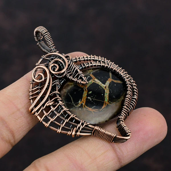Moroccan Mud Crack Fossil Oval Brown Handmade Copper Wire Wrapped Pendant