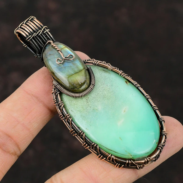 Chrysoprase Oval Green Handmade Copper Wire Wrapped Pendant