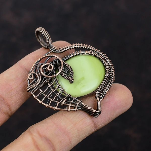 Serpentine Oval Green Handmade Copper Wire Wrapped Pendant