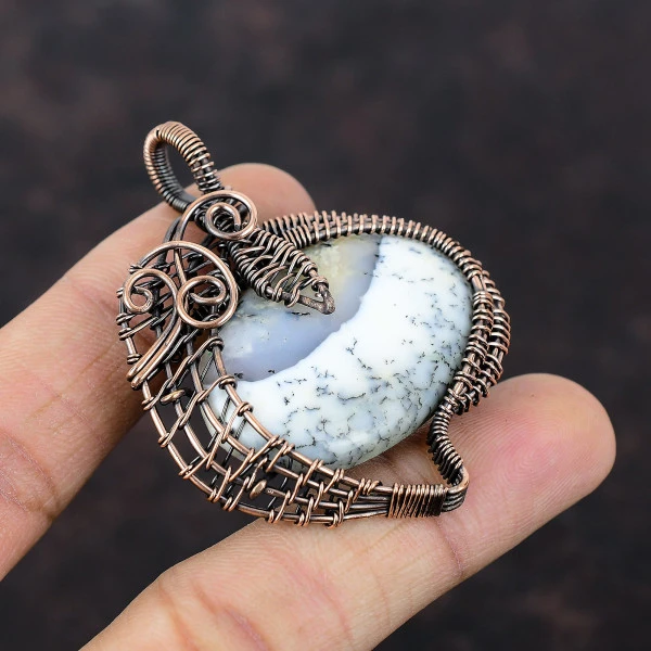 Dendrite Opal Oval White Handmade Copper Wire Wrapped Pendant