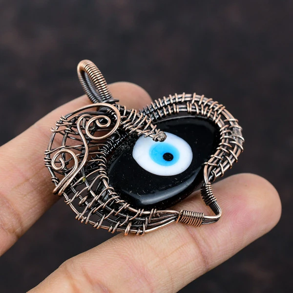 Black Color Evil Eye Marquise Black Handmade Copper Wire Wrapped Pendant