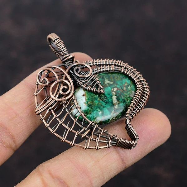 Cuprite Chrysocolla Oval Green Handmade Copper Wire Wrapped Pendant
