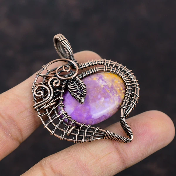 Phosphosiderite Oval Purple Handmade Copper Wire Wrapped Pendant