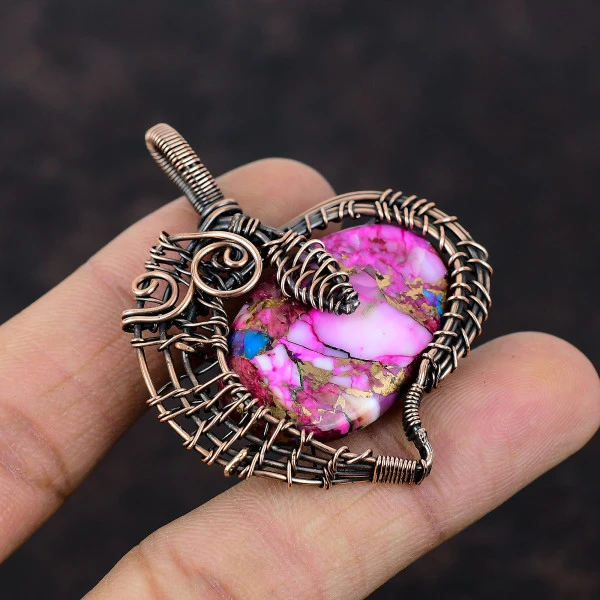 Natural Kingman Pink Dahlia Turquoise Oval Pink Handmade Copper Wire Wrapped Pendant