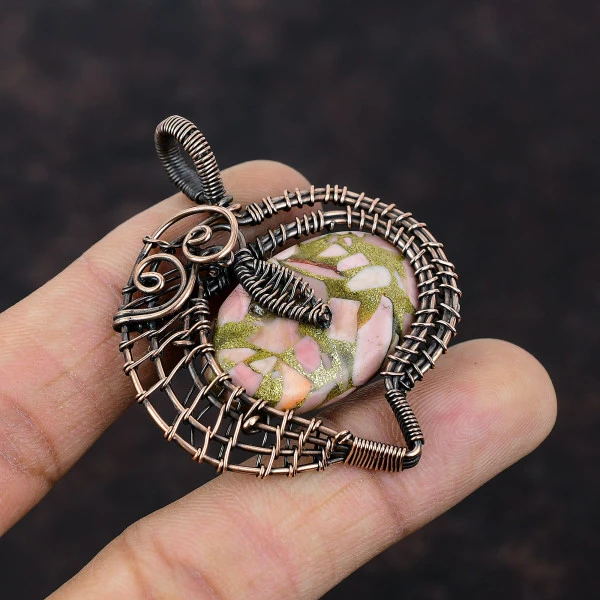 Copper Pink Opal Oval Pink Handmade Copper Wire Wrapped Pendant