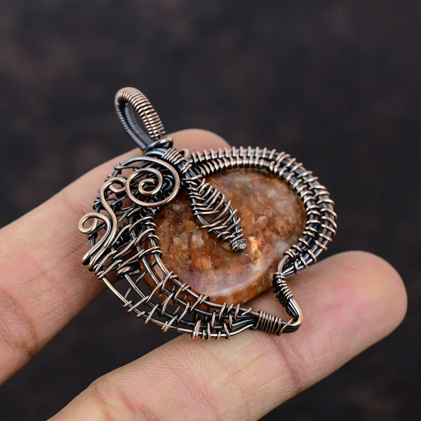 Sunstone Oval Orange Handmade Copper Wire Wrapped Pendant