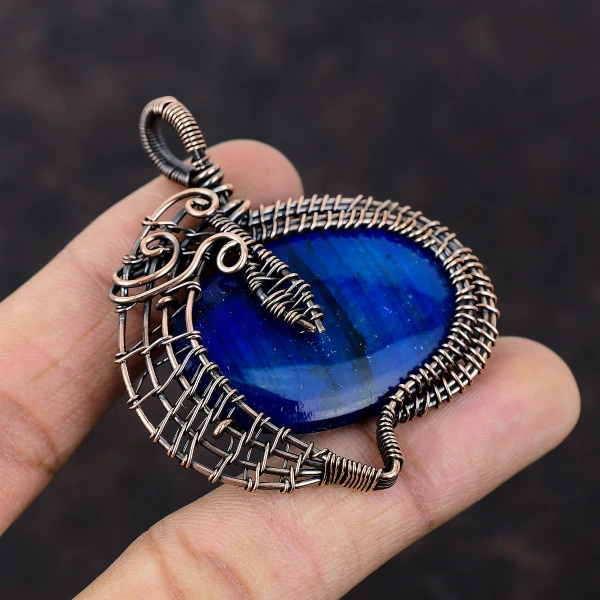Blue Fire Labradorite Oval Blue Handmade Copper Wire Wrapped Pendant