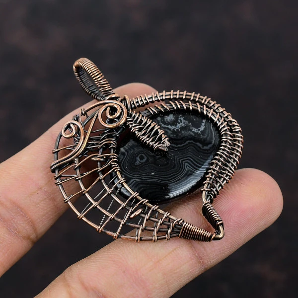 Psilomelane Oval Black Handmade Copper Wire Wrapped Pendant