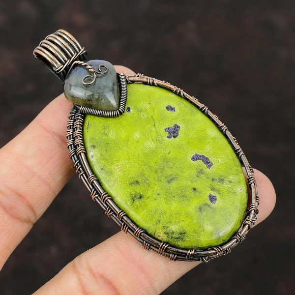 Stichtite Oval Green Handmade Copper Wire Wrapped Pendant