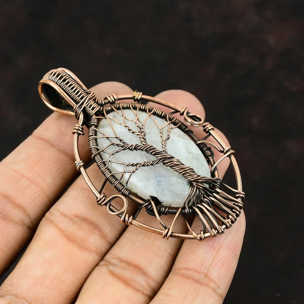 Rainbow Moonstone Oval White Handmade Copper Wire Wrapped Pendant