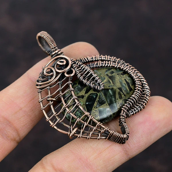 Copper Seraphinite Oval Green Handmade Copper Wire Wrapped Pendant