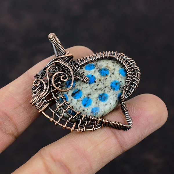 K2 Jasper Oval White Handmade Copper Wire Wrapped Pendant