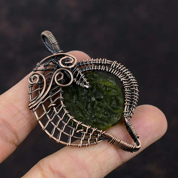 Moldavite Round Green Handmade Copper Wire Wrapped Pendant