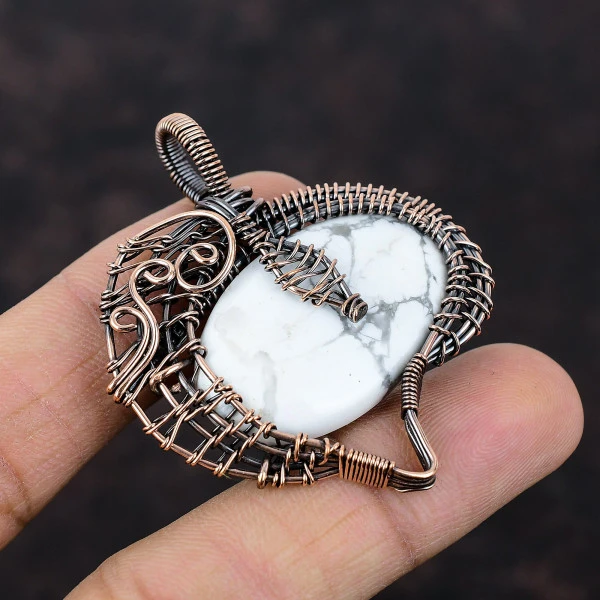 Howlite Oval White Handmade Copper Wire Wrapped Pendant