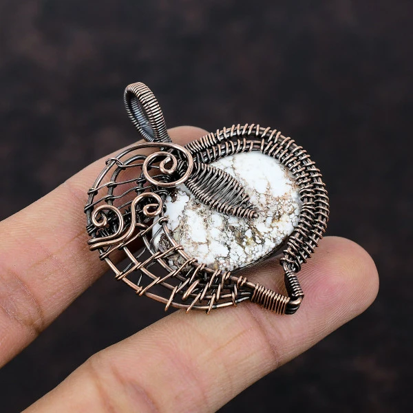 Wild Horse Magnesite Oval White Handmade Copper Wire Wrapped Pendant