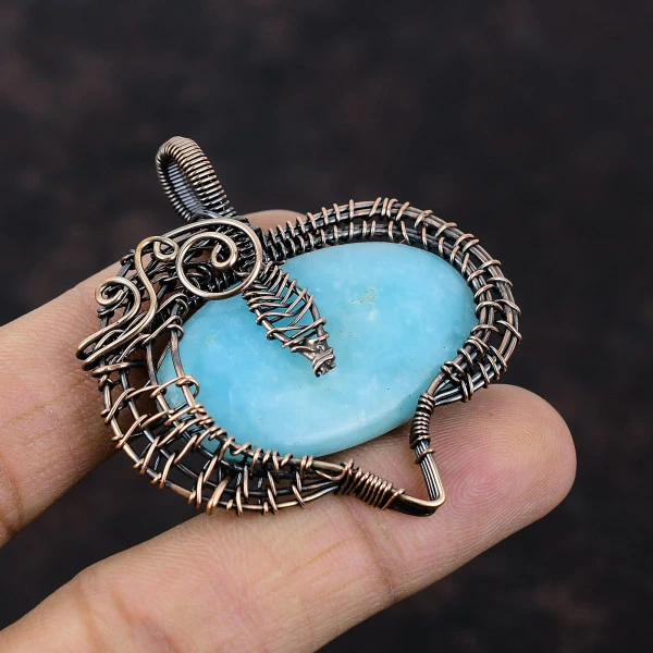 Hemimorphite Oval Blue Handmade Copper Wire Wrapped Pendant
