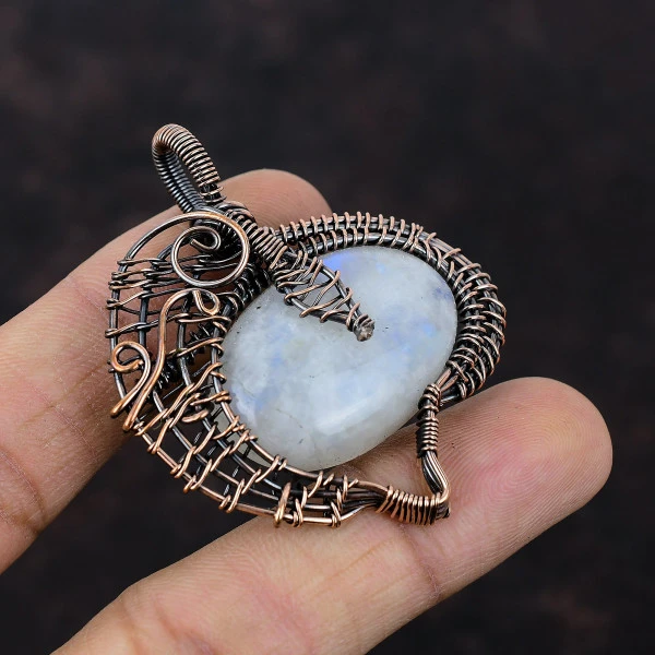 Rainbow Moonstone Oval White Handmade Copper Wire Wrapped Pendant