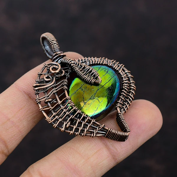 Mystic Fire Labradorite Oval Yellow Handmade Copper Wire Wrapped Pendant