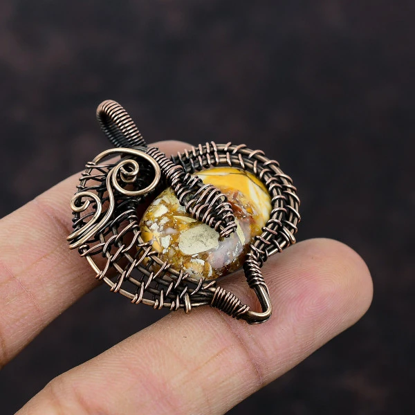 Brecciated Mookaite Oval Yellow Handmade Copper Wire Wrapped Pendant