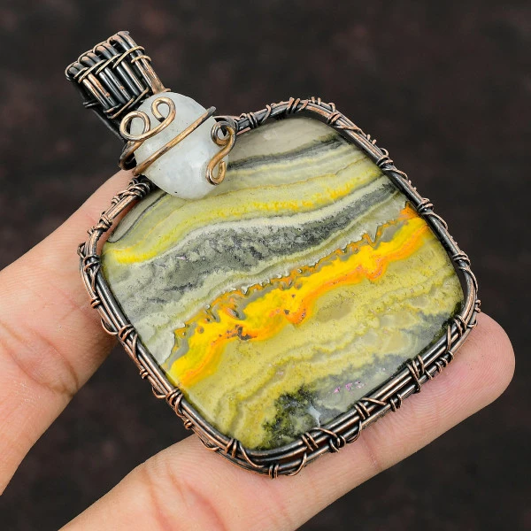 Bumble Bee Jasper Cushion Yellow Handmade Copper Wire Wrapped Pendant