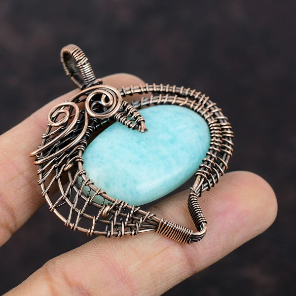 Amazonite Oval Green Handmade Copper Wire Wrapped Pendant