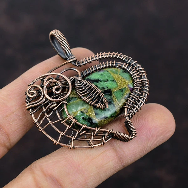 Copper Ruby Zoisite Oval Green Handmade Copper Wire Wrapped Pendant