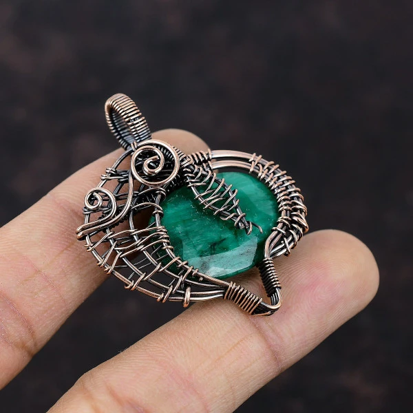 Zambian Emerald Oval Green Handmade Copper Wire Wrapped Pendant